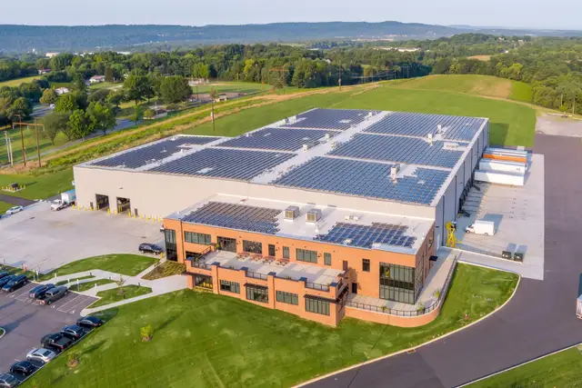 Wilsbach Distributors' building in Harrisburg with solar panels across its roof