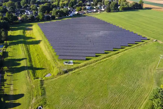 Londonderry Village's ground-mounted solar array in Palmyra, from a drone