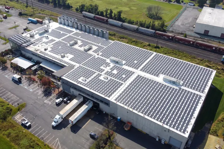 Solar panels covering the white roof of Troegs Brewery in Hershey