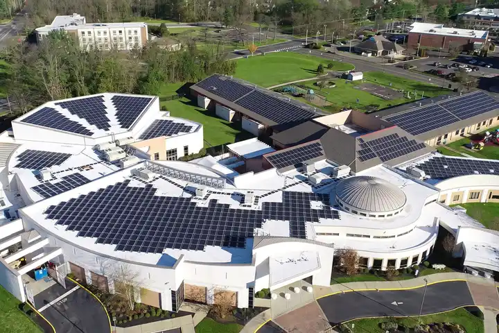 Solar panels on the curved roof of Congregation Beth El in Voorhees Township