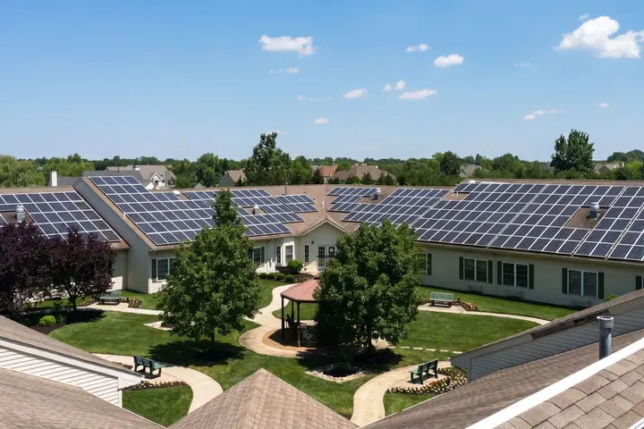 Solar panels on the roofs around the courtyard of Gardens at Cross Keys in Glassboro, NJ