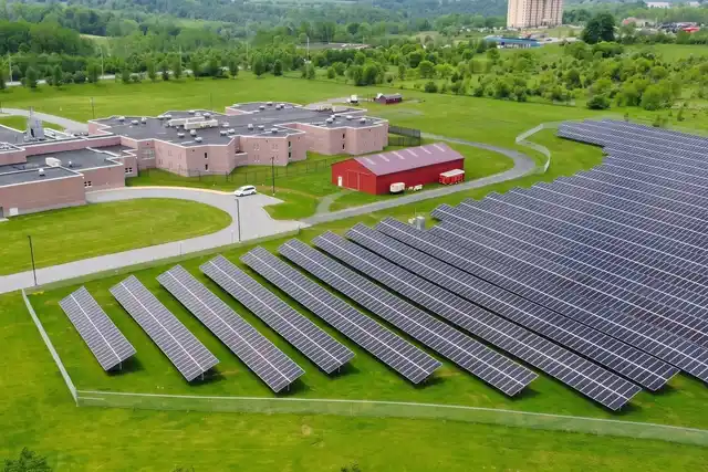 Centre County Correctional Facility's ground-mounted solar array in Bellefonte, from a drone