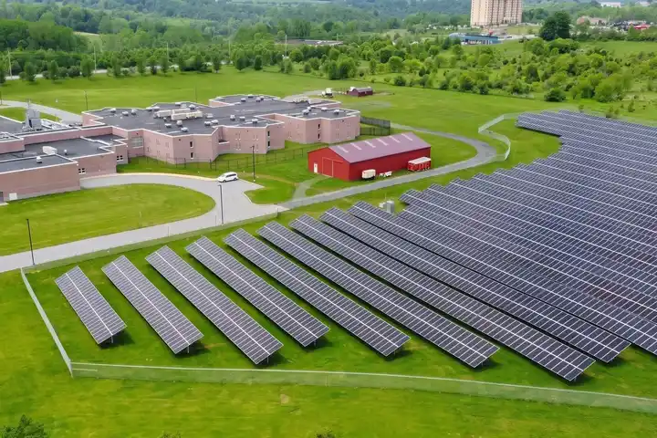 Centre County Correctional Facility's ground-mounted solar array in Bellefonte, from a drone