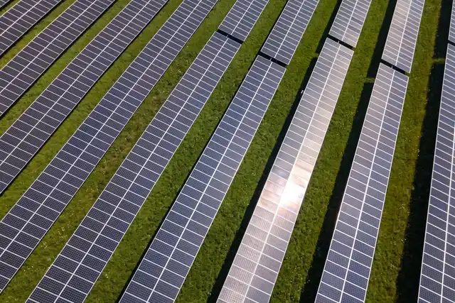 Rows of University Area Joint Authority's solar panels seen up close in State College, from a drone