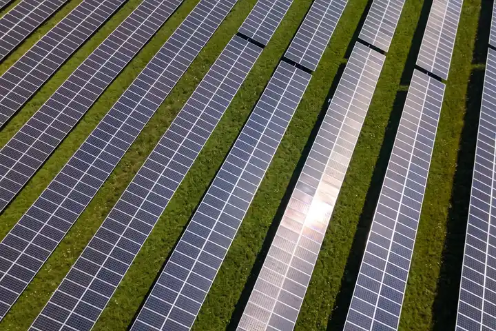 Rows of University Area Joint Authority's solar panels seen up close in State College, from a drone